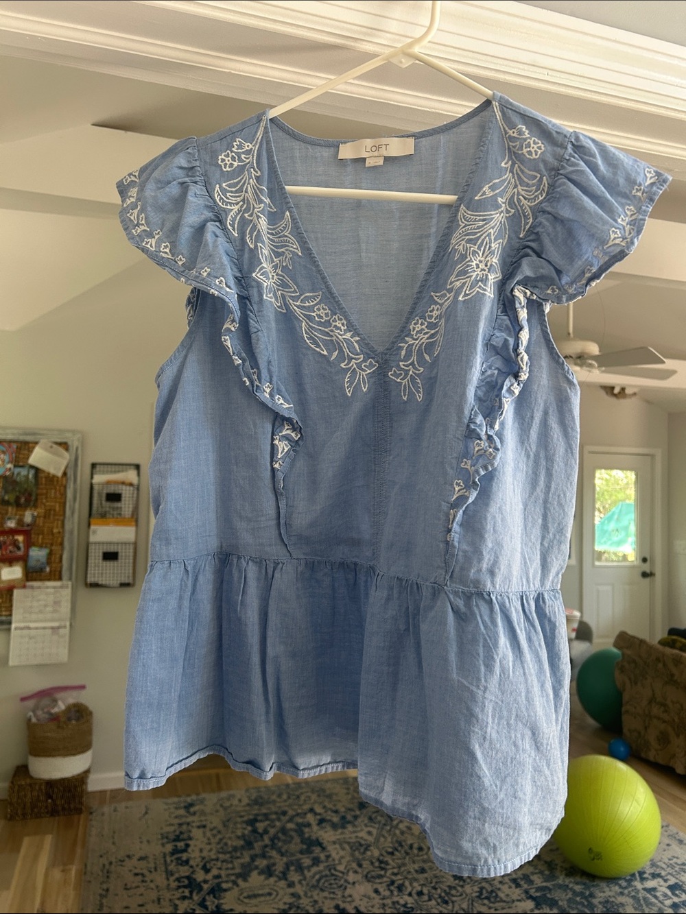 LOFT Chambray Blue Embroidered V-Neck Ruffle Peplum Top